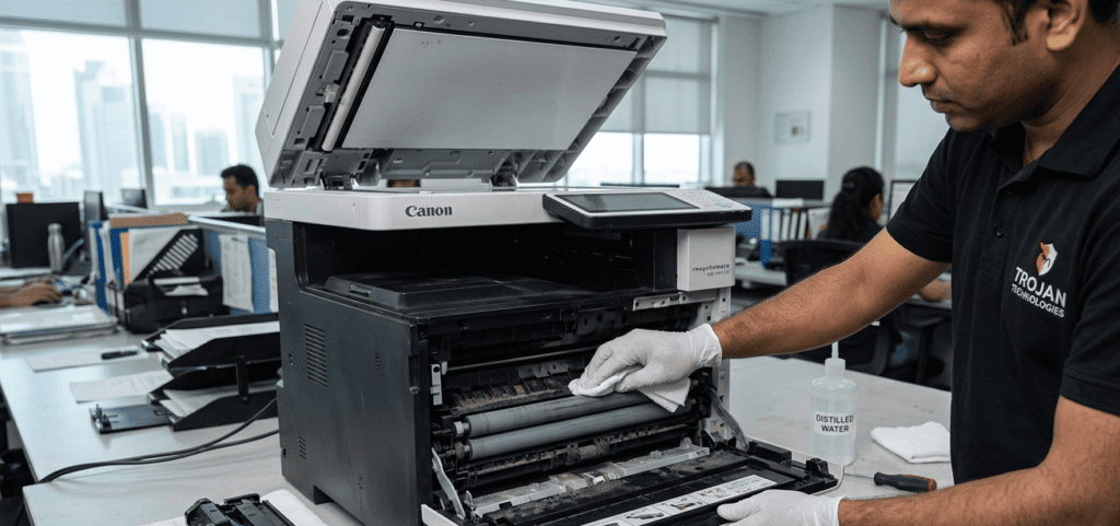 Person cleaning printer rollers carefully