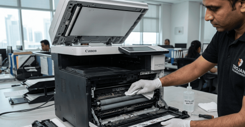 Person cleaning printer rollers carefully